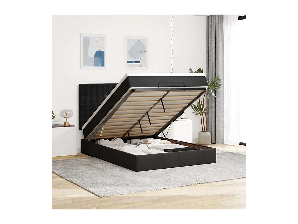 Estructura cama otomana colchones terciopelo negro 140x200cm