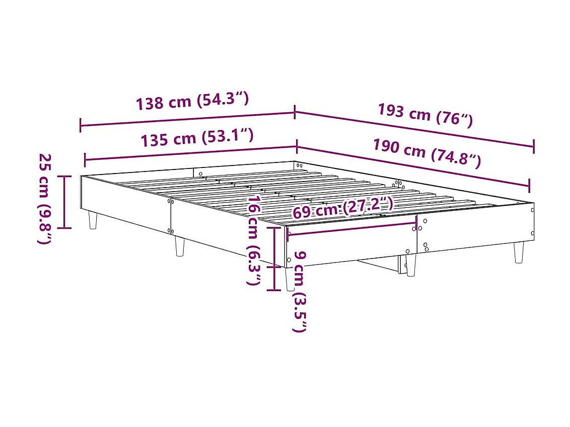Bedframe Zwart eiken 135 x 190 cm Bewerkt hout