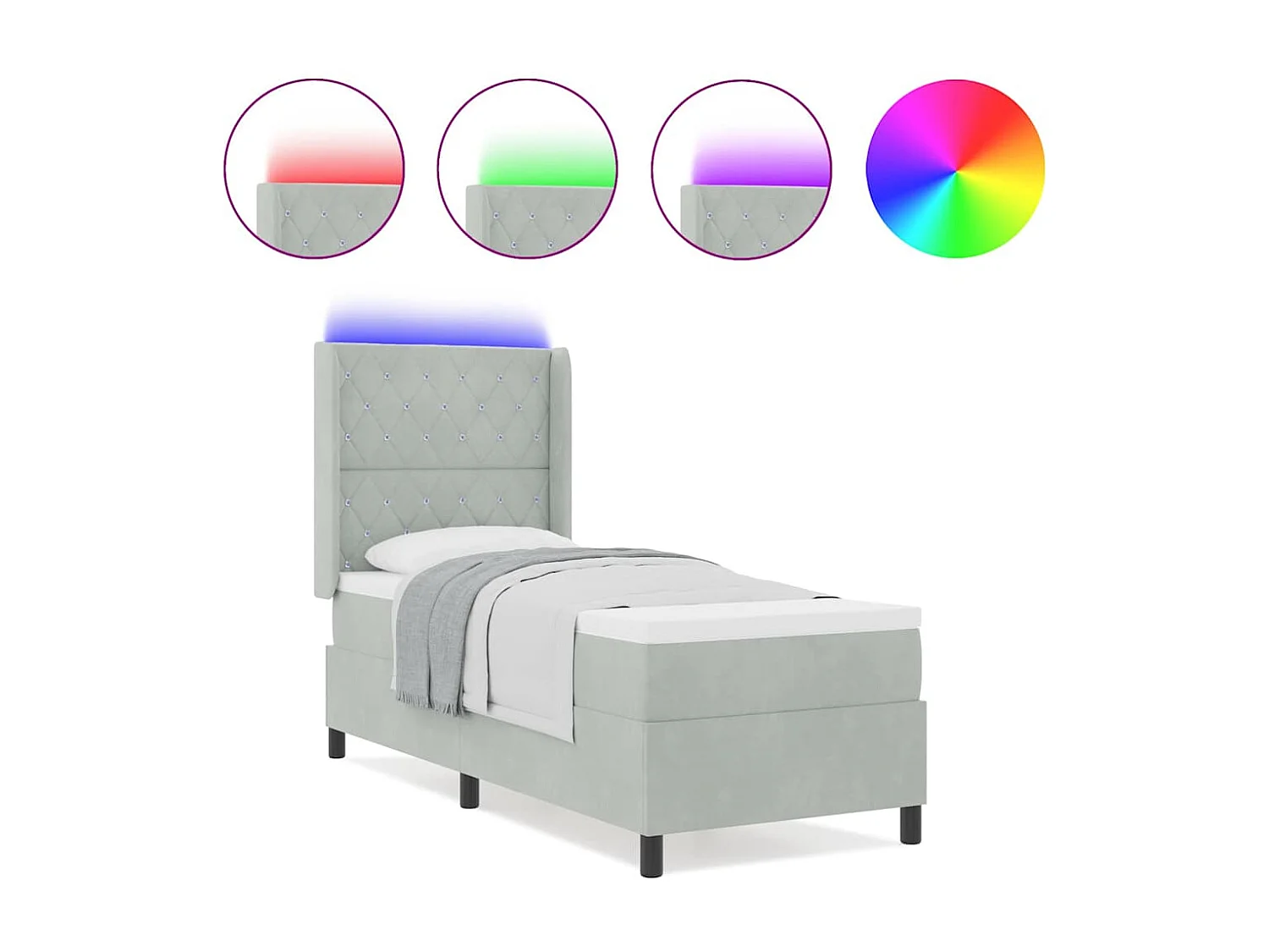 Cama Box Spring com LED e Colchão Cinzento-claro 80 x 200 cm