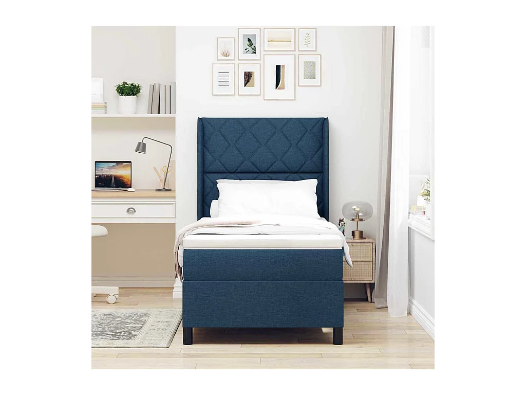 Cama Box com colchão com cabeceira Azul 100 x 200 cm tecido