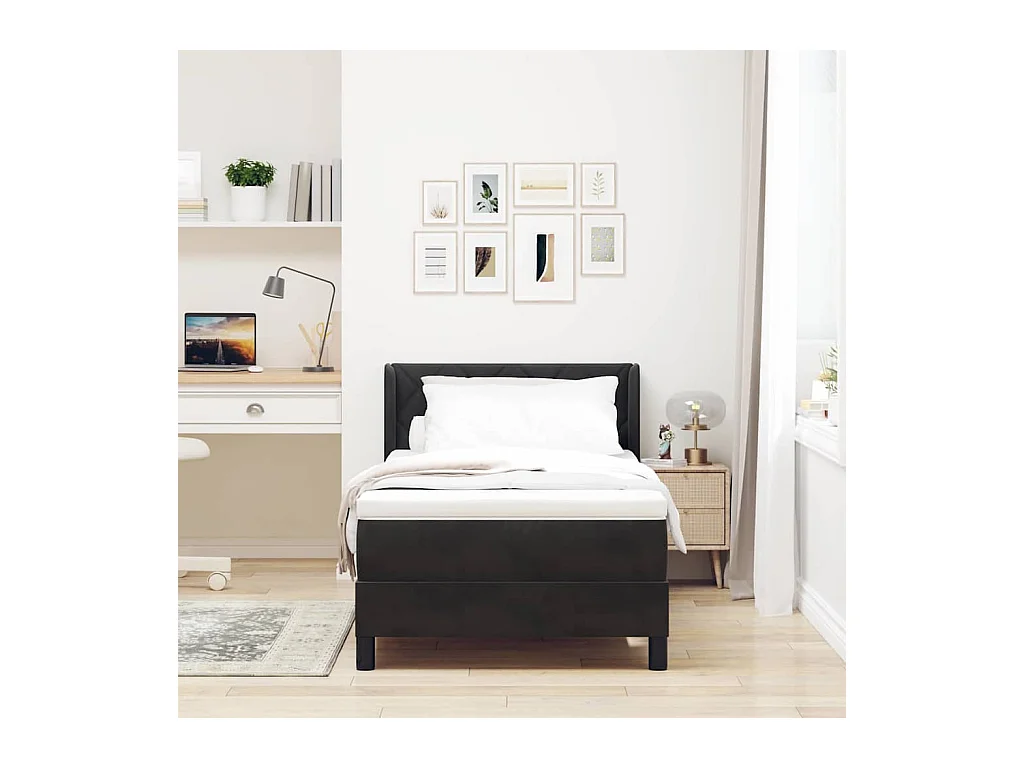 Cama Box com Colchão Preta 100x200 cm Veludo Preto 100 x 200 cm