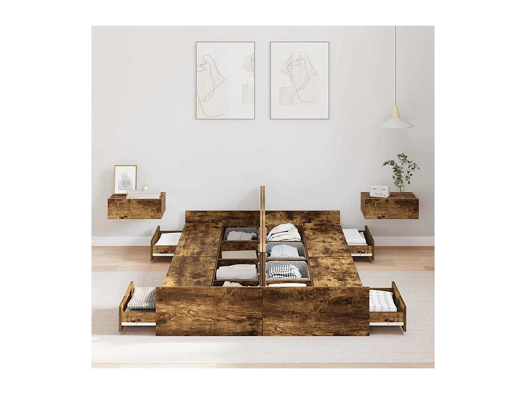 Cadre de lit avec rangement avec tiroir Chêne fumé 120 x 190 cm