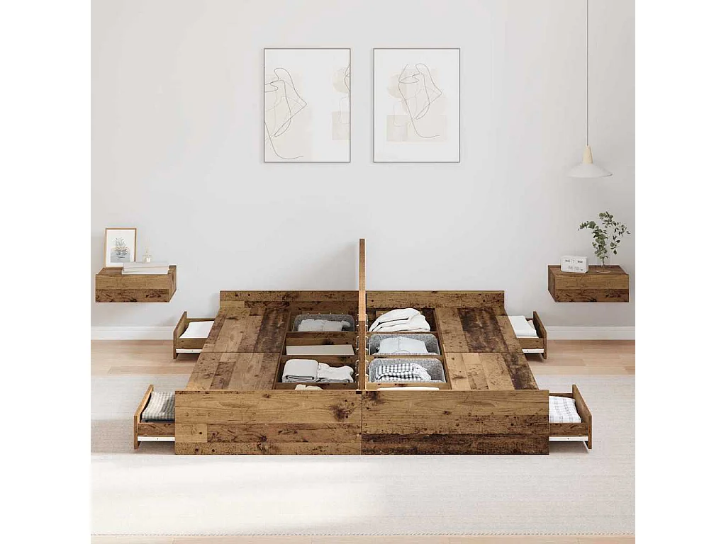 Opbergbedframe met lade Oud hout 150 x 200 cm Bewerkt hout