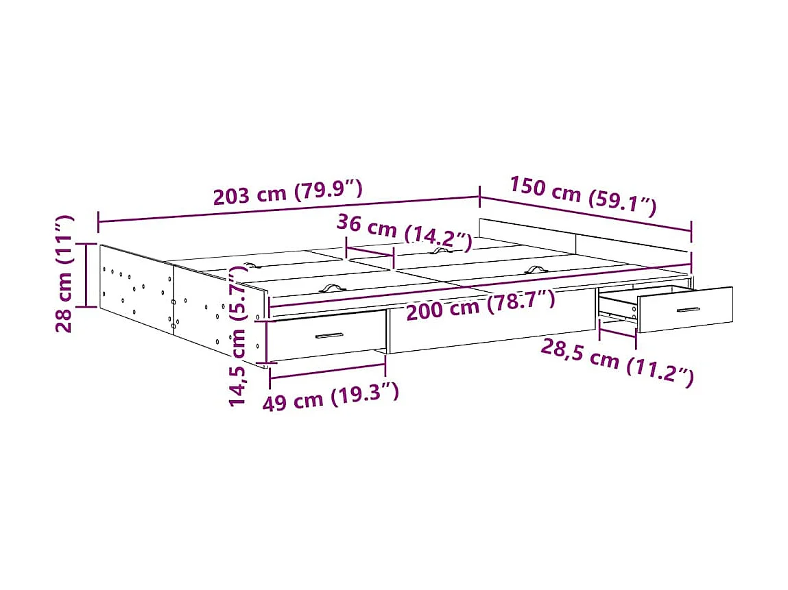 Opbergbedframe met lade Oud hout 150 x 200 cm Bewerkt hout