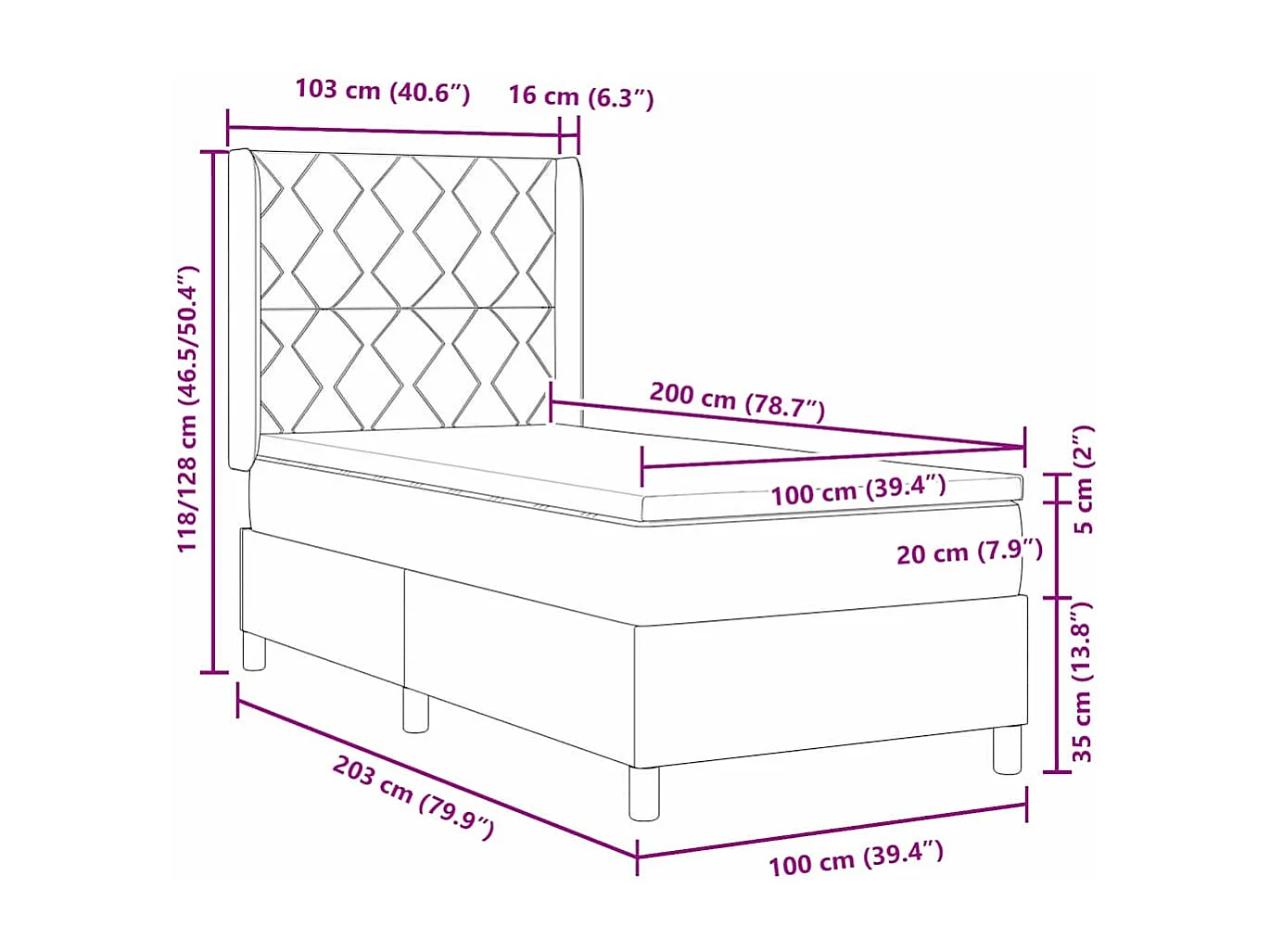 Cadre de lit avec matelas Crème 100 x 200 cm tissu