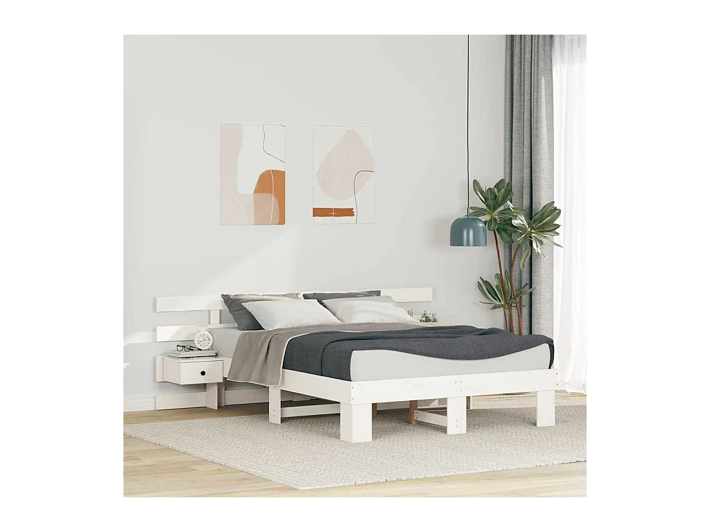 Cadre de lit Blanc 135 x 190 cm Pin massif et pin massif