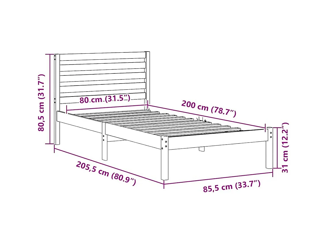 Estrutura da Cama Castanho 80 x 200 cm Madeira de pinho maciça