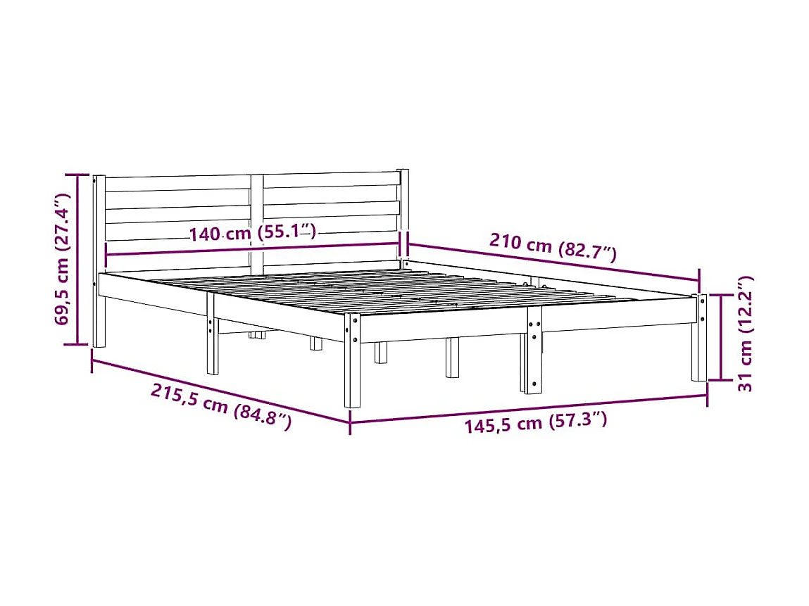 Cama com cabeceira Branco 210 x 140 cm Madeira de pinho maciça