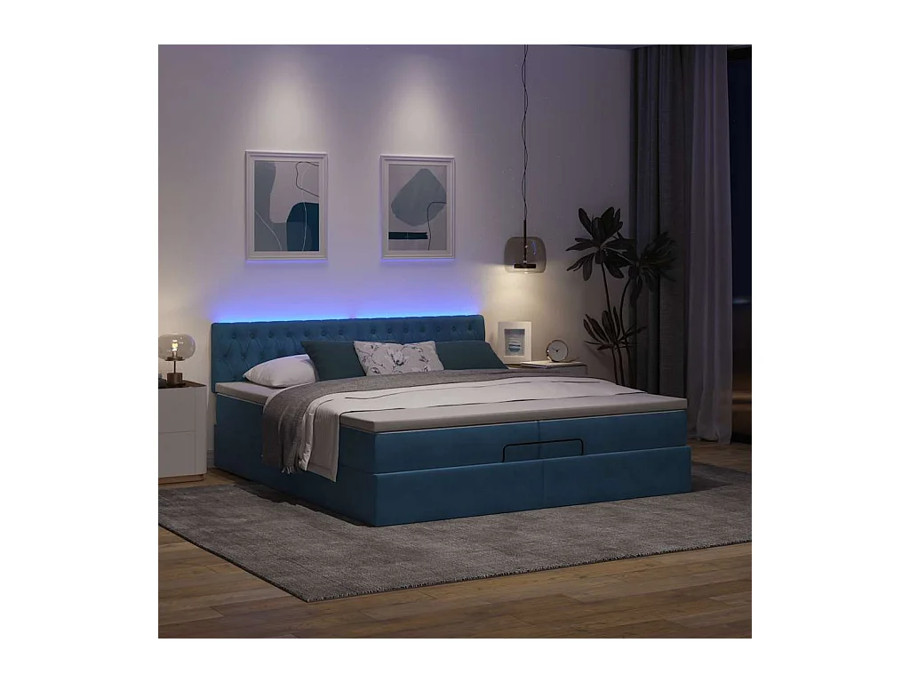 Cadre de lit ottoman avec matelas bleu foncé 200x200 cm velours