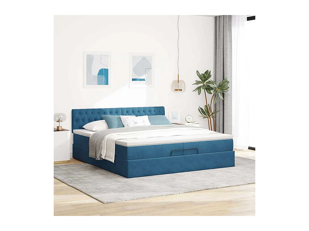Cadre de lit ottoman avec matelas bleu foncé 200x200 cm velours