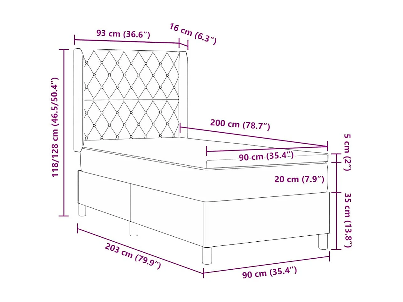 Cama tipo Box Spring Gris oscuro 90 x 200 cm Terciopelo