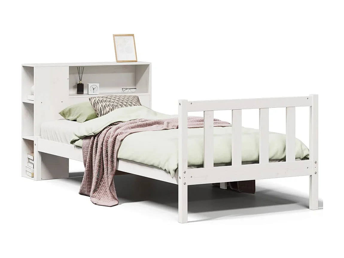 Lit bibliothèque sans matelas blanc 75x190cm bois de pin massif