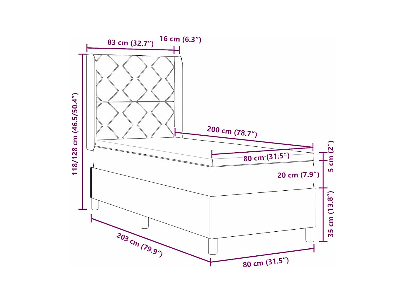 Cadre de lit avec matelas Crème 80 x 200 cm tissu