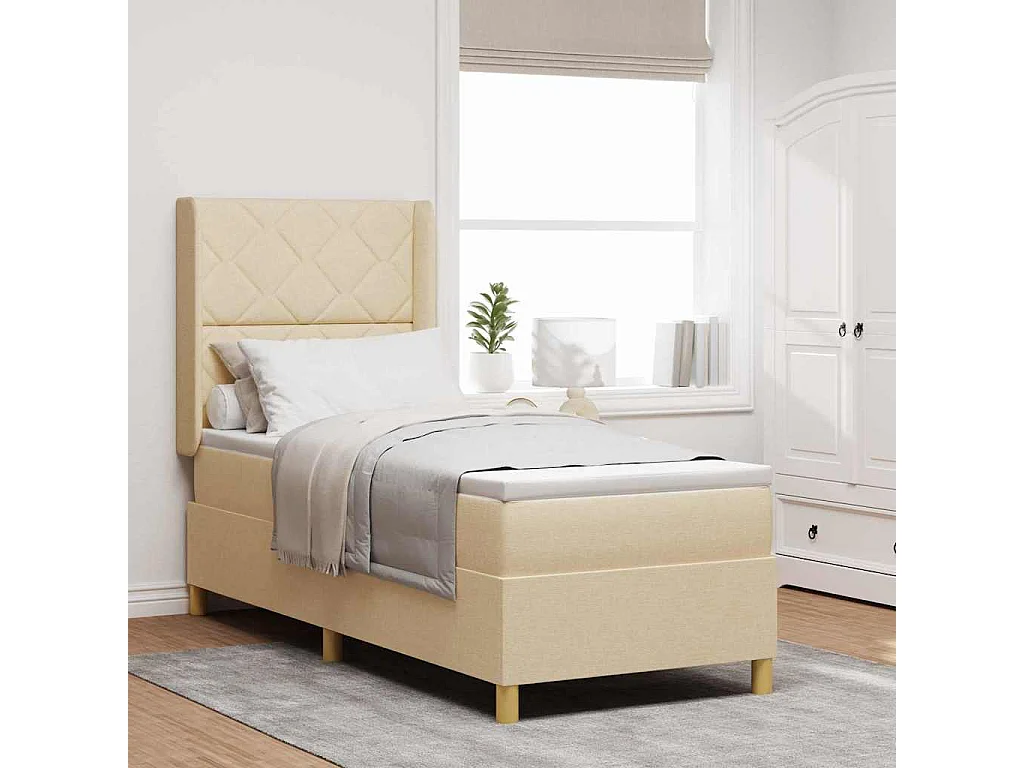 Cama con Somier con colchón con cabecera Crema 80 x 200 cm tela