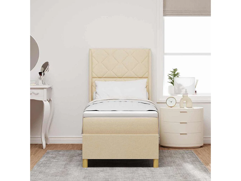 Cama con Somier con colchón con cabecera Crema 80 x 200 cm tela