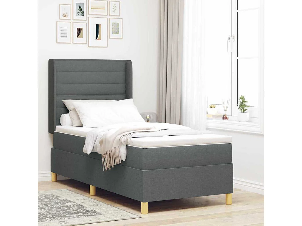Cadre de lit avec matelas Gris foncé 90 x 190 cm tissu