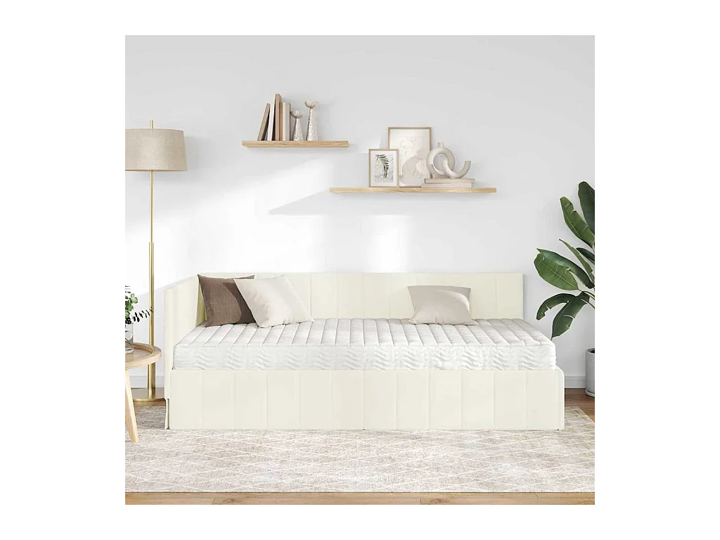 Cadre de lit d'angle avec matelas Crème 100 x 200 cm Velours