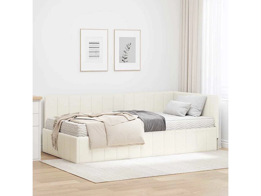 Cadre de lit d'angle avec matelas Crème 100 x 200 cm Velours