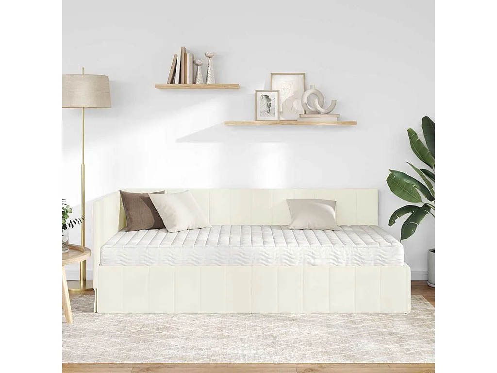 Cadre de lit d'angle avec matelas Crème 100 x 200 cm Velours