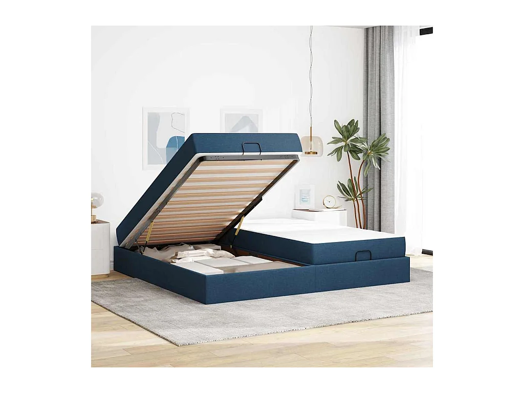 Cadre de lit avec stockage Bleu 200 x 200 cm tissu