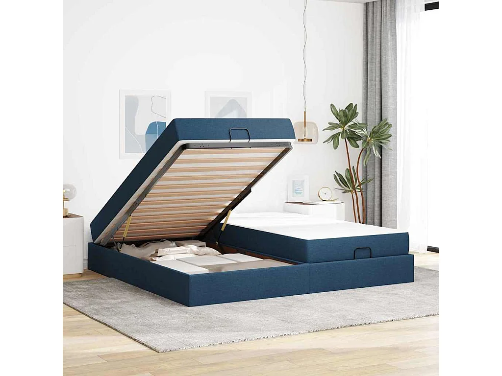 Cadre de lit avec stockage Bleu 200 x 200 cm tissu