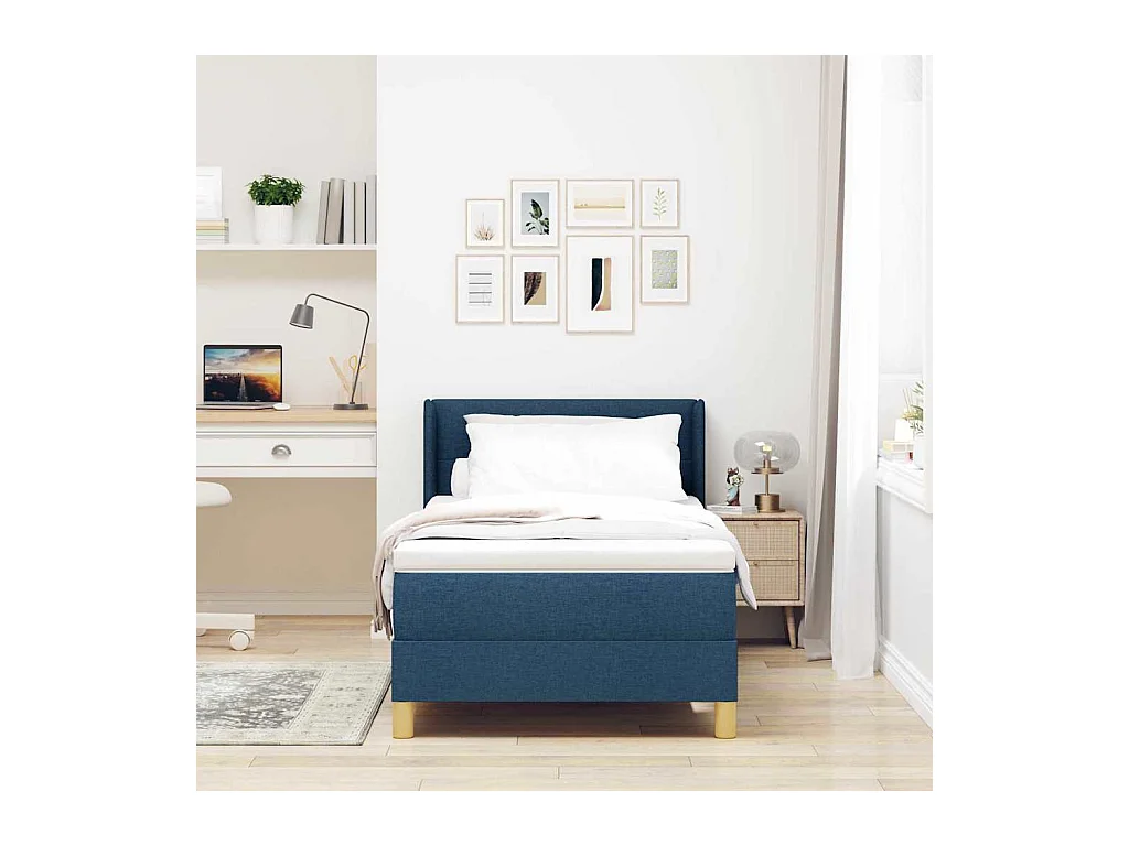 Cama con Somier con colchón con cabecera Azul 90 x 200 cm tela