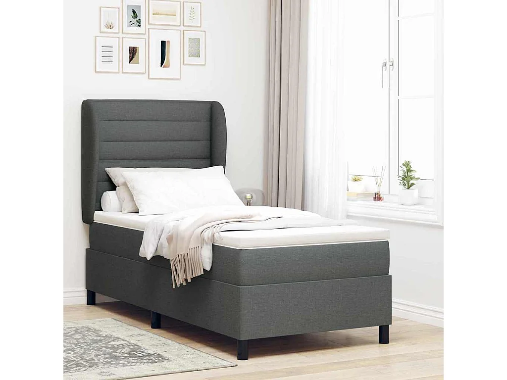 Cadre de lit avec matelas Gris foncé 90 x 200 cm tissu