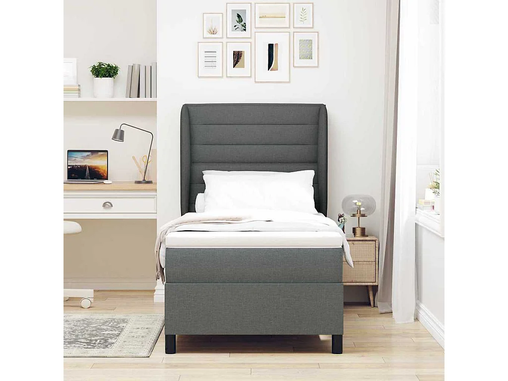 Cadre de lit avec matelas Gris foncé 90 x 200 cm tissu