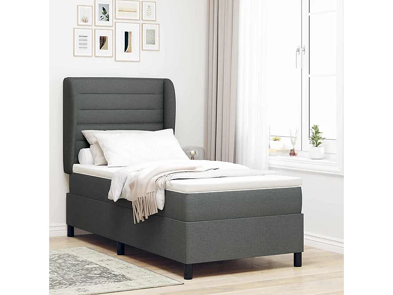 Cadre de lit avec matelas Gris foncé 90 x 200 cm tissu