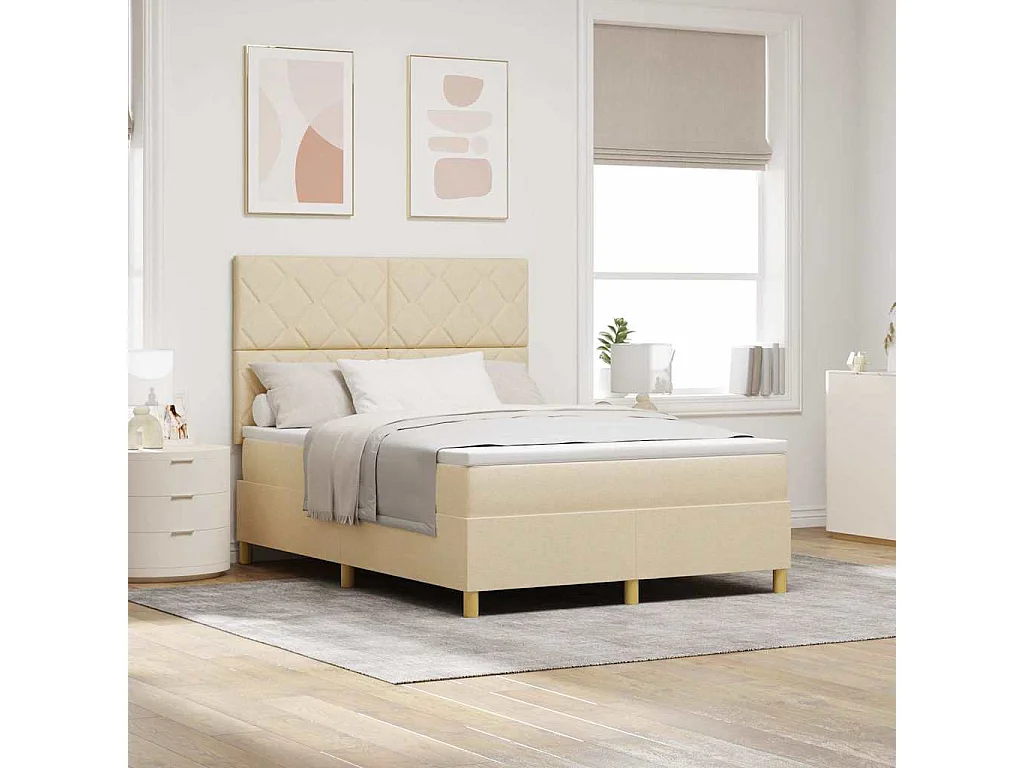 Cama tipo Box Spring con cabecera Crema 160 x 200 cm tela