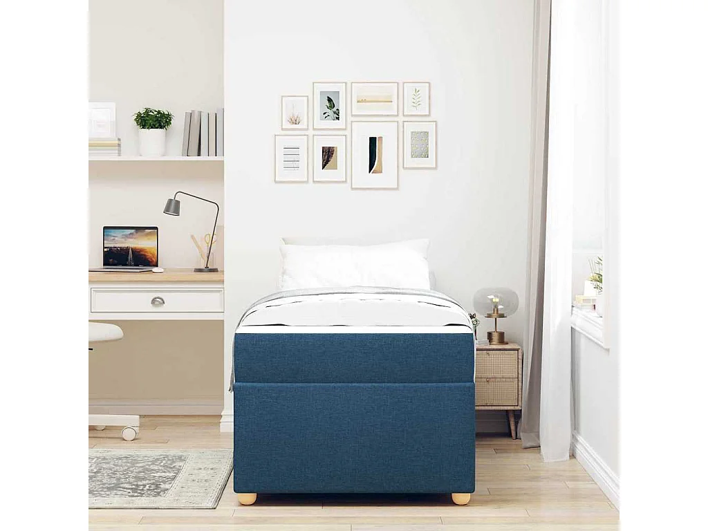 Cadre de lit avec matelas Bleu 90 x 190 cm tissu