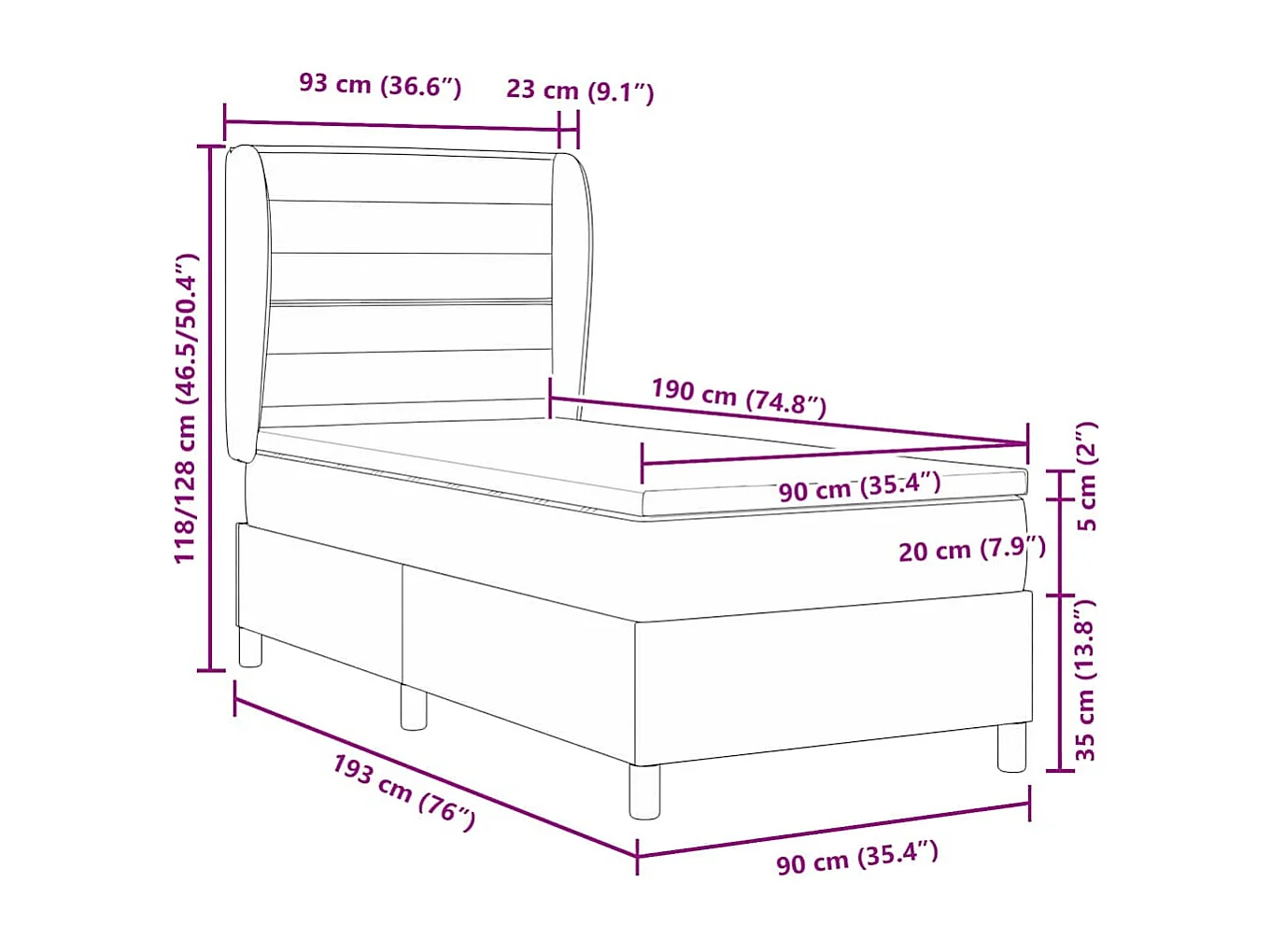 Cadre de lit avec matelas Gris foncé 90 x 190 cm tissu
