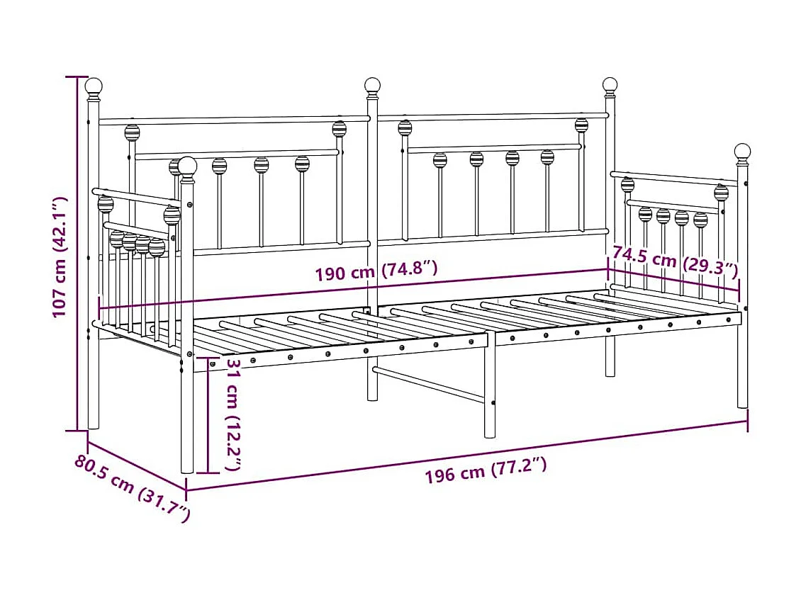 Estructura de cama de día con cabecera 75 x 190 cm Acero