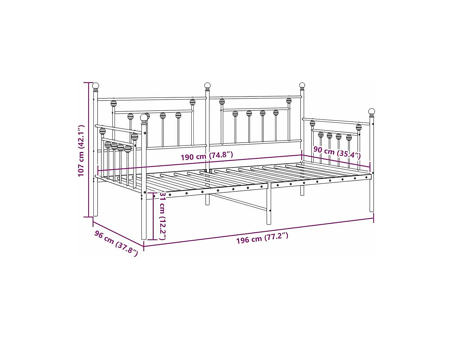 Estrutura de cama de dia com cabeceira Preto 90 x 190 cm Aço