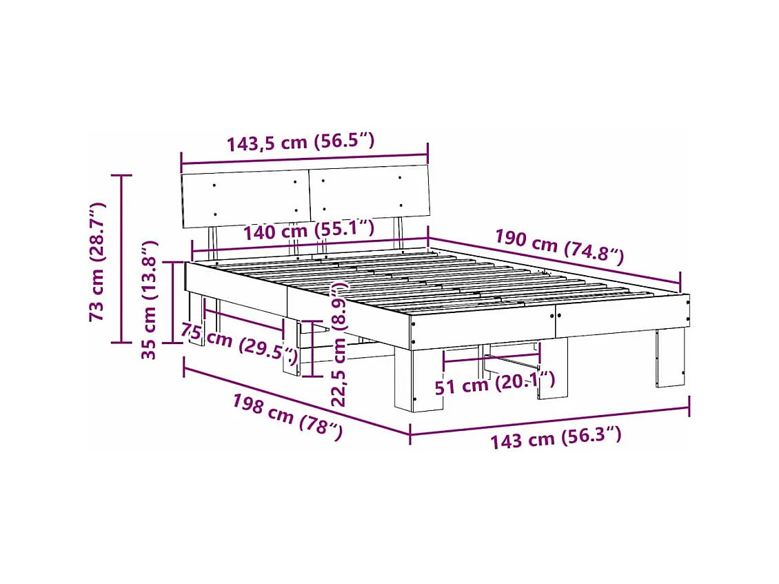 Estrutura da Cama Castanho 140 x 190 cm Madeira de pinho maciça
