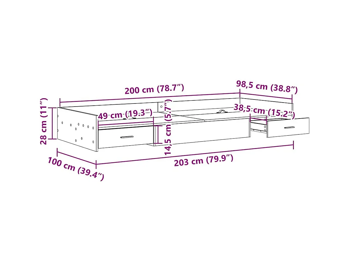 Cama con almacenamiento con cabecera Gris Concreto 100 x 200 cm
