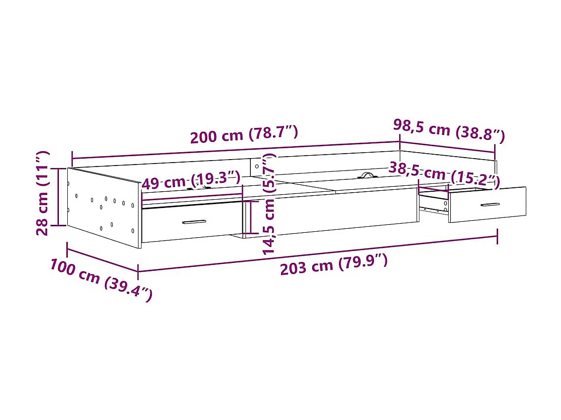 Opbergbedframe met hoofdeinde Beton Grijs 100 x 200 cm Bewerkt hout