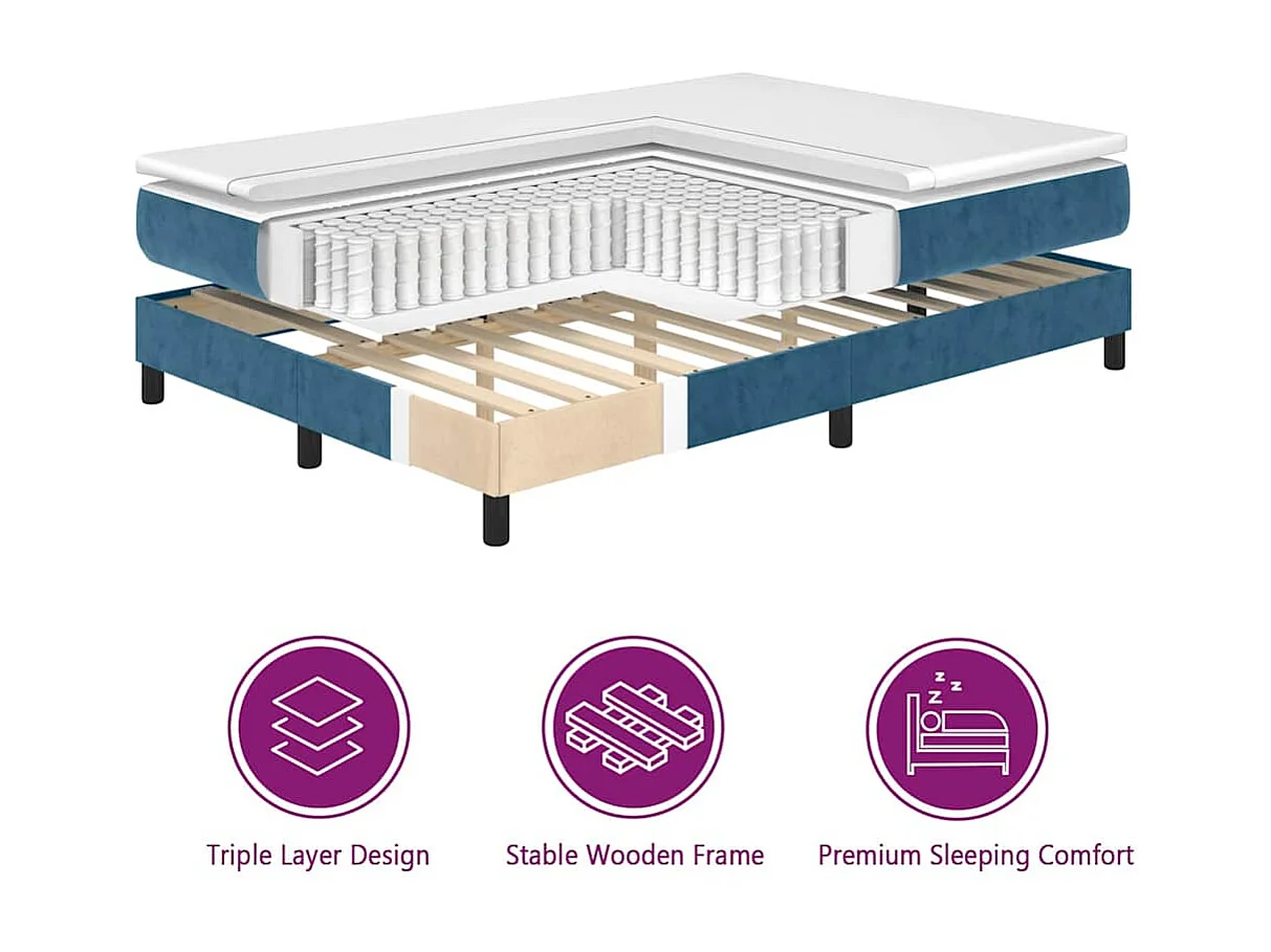 Cadre de lit avec matelas Bleu foncé 200 x 200 cm Velours