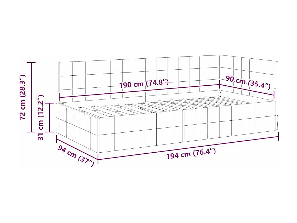 Cadre de lit d'angle Rouge bordeaux 90 x 190 cm Velours