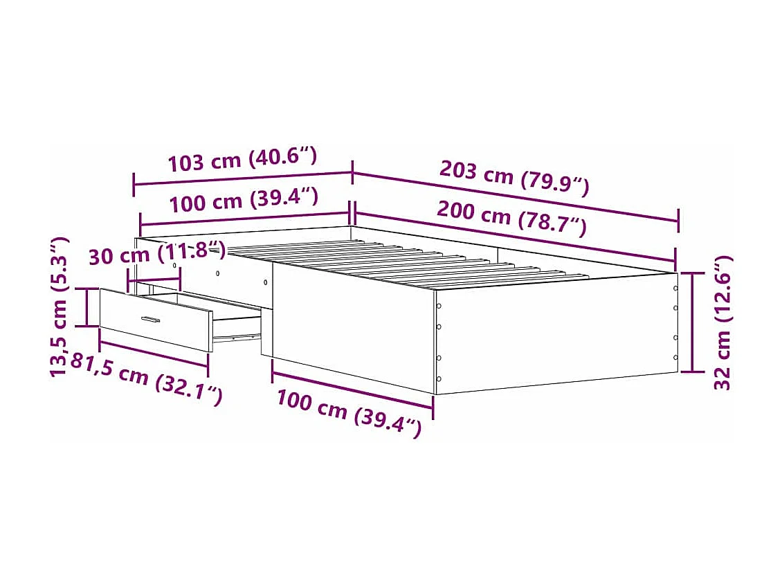 Bedombouw met lades artisanaal eikenkleurig 100 x 200 cm