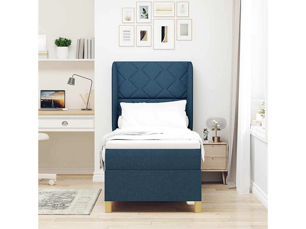 Cama con Somier y Colchón Gris Oscuro 90x190 cm de Tela Azul