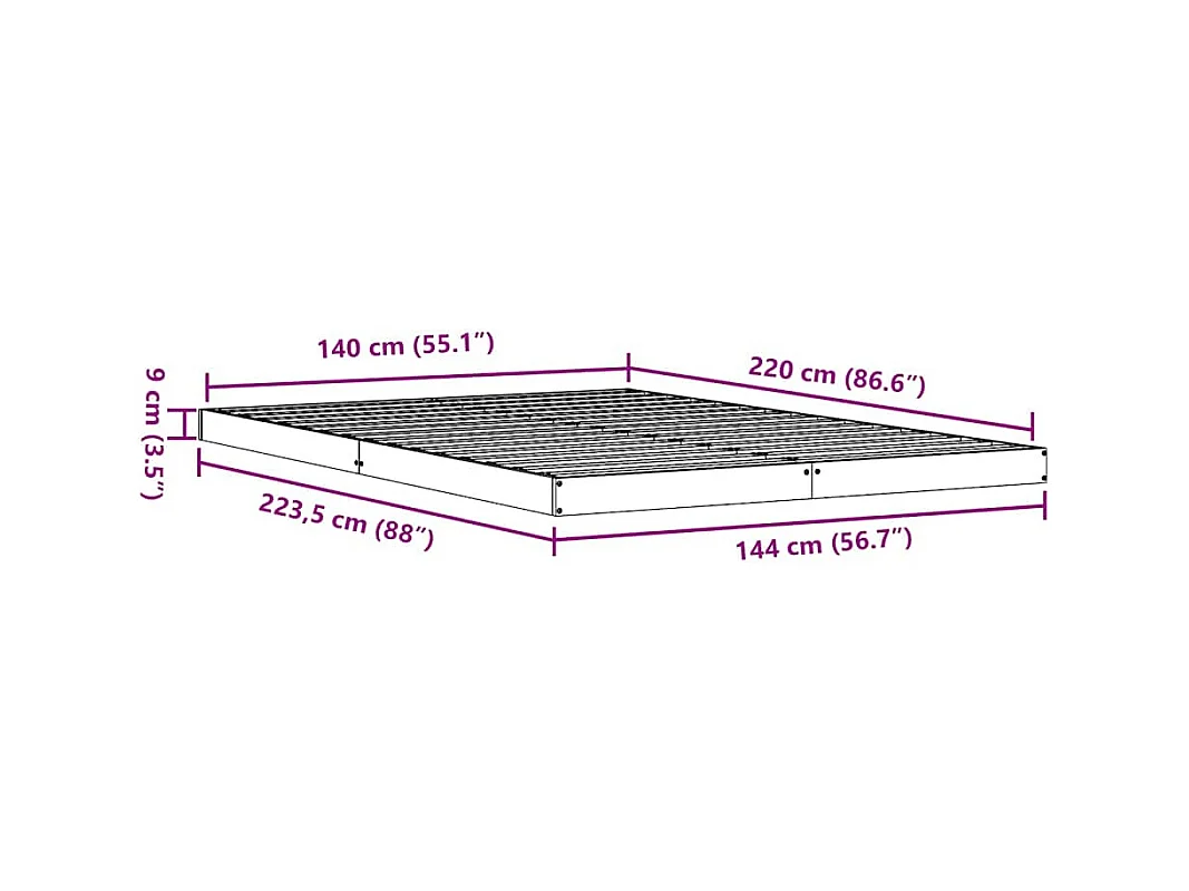 Cadre de lit surélevé Naturel 140 x 220 cm Bois de pin massif