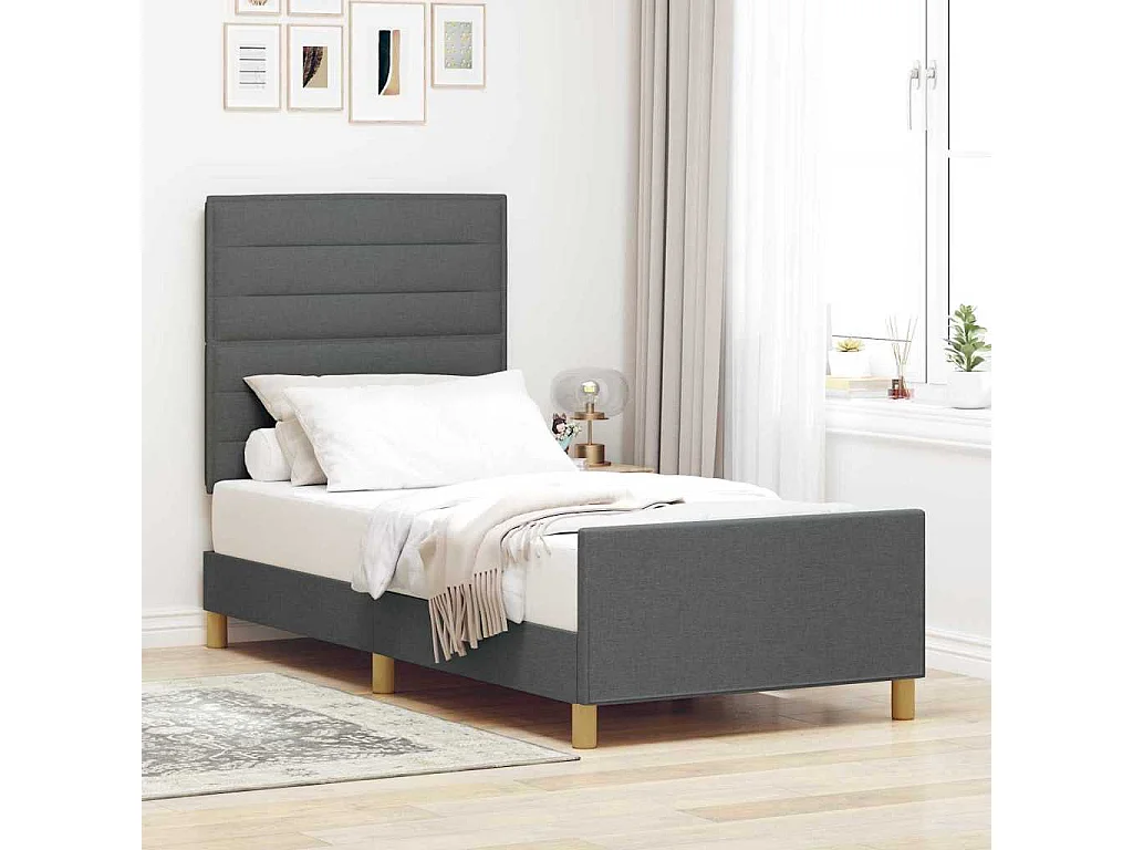Estructura de cama con cabecera Gris oscuro 90 x 190 cm tela
