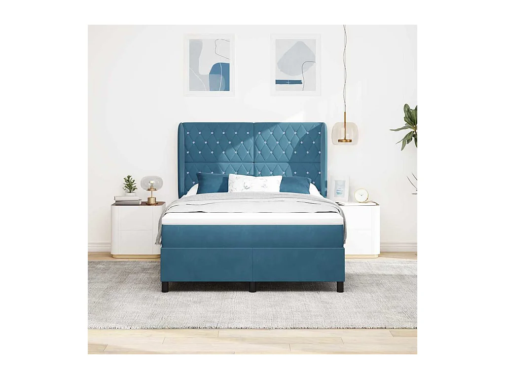 Cadre de lit avec matelas Bleu foncé 140 x 200 cm Velours