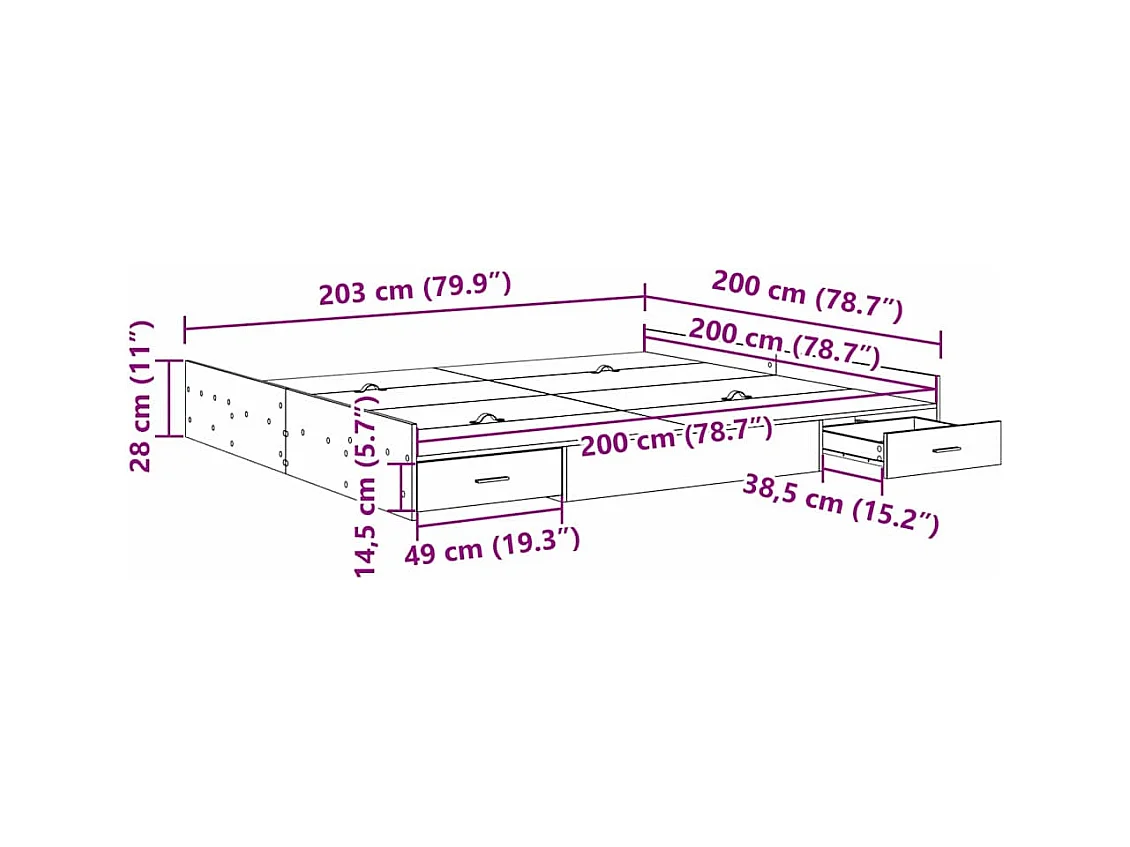Cadre de lit avec rangement Sonoma gris 200 x 200 cm