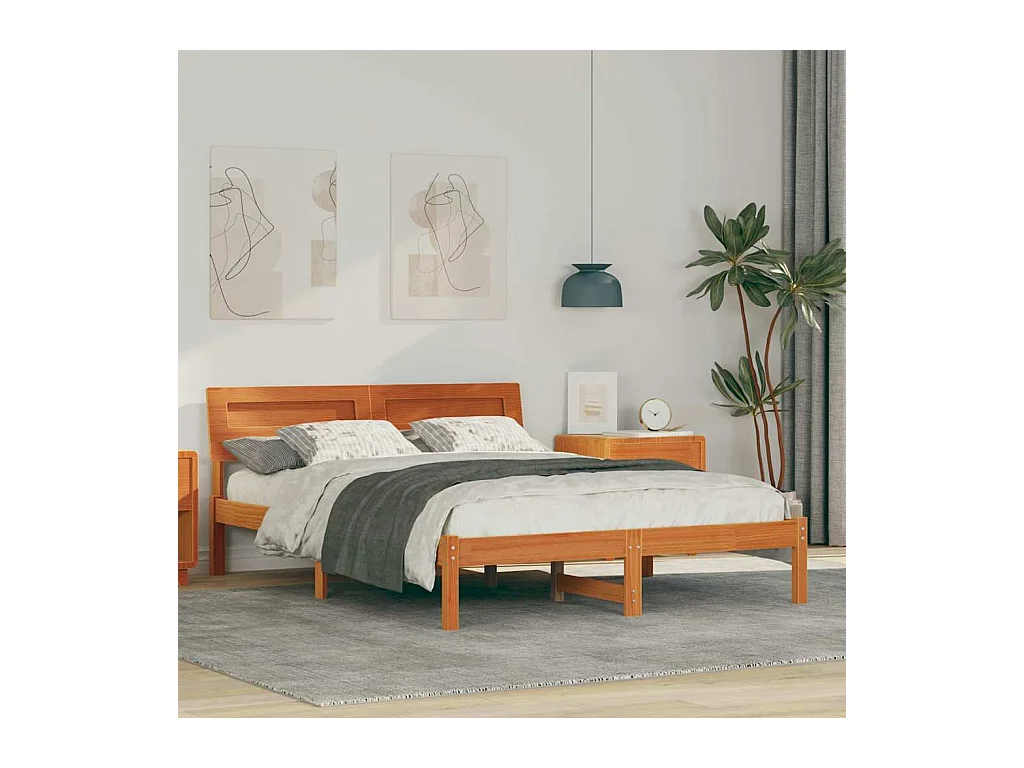 Estructura de cama con cabecera Marrón cera 135 x 190 cm