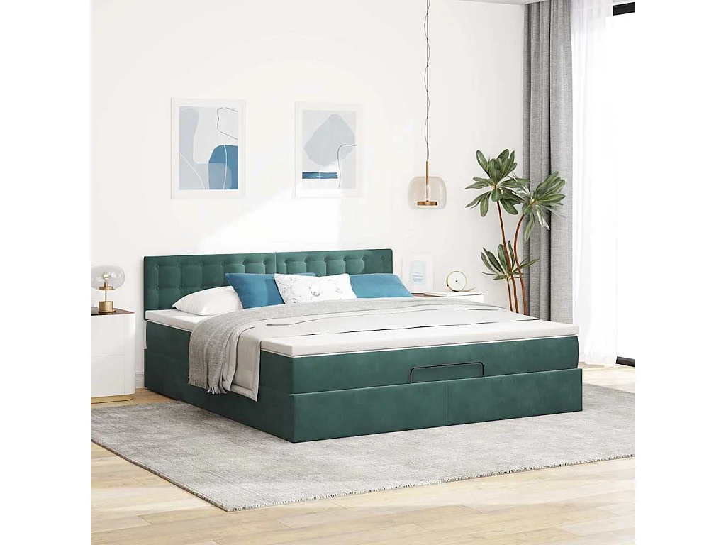 Cadre de lit ottoman avec matelas vert foncé 160x200 cm velours