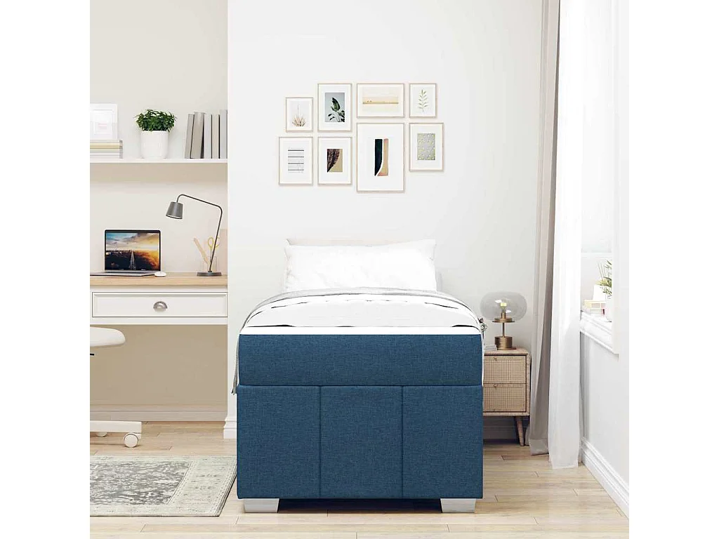 Cadre de lit avec matelas Bleu 90 x 190 cm tissu