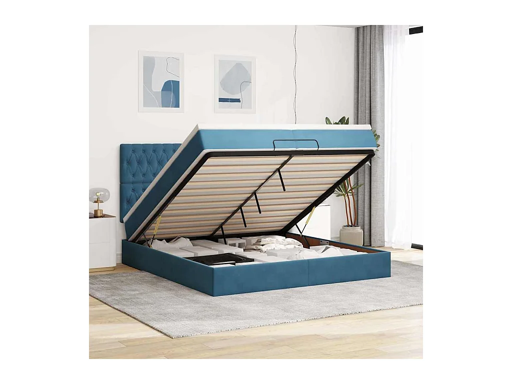 Cadre de lit ottoman avec matelas bleu foncé 200x200 cm velours