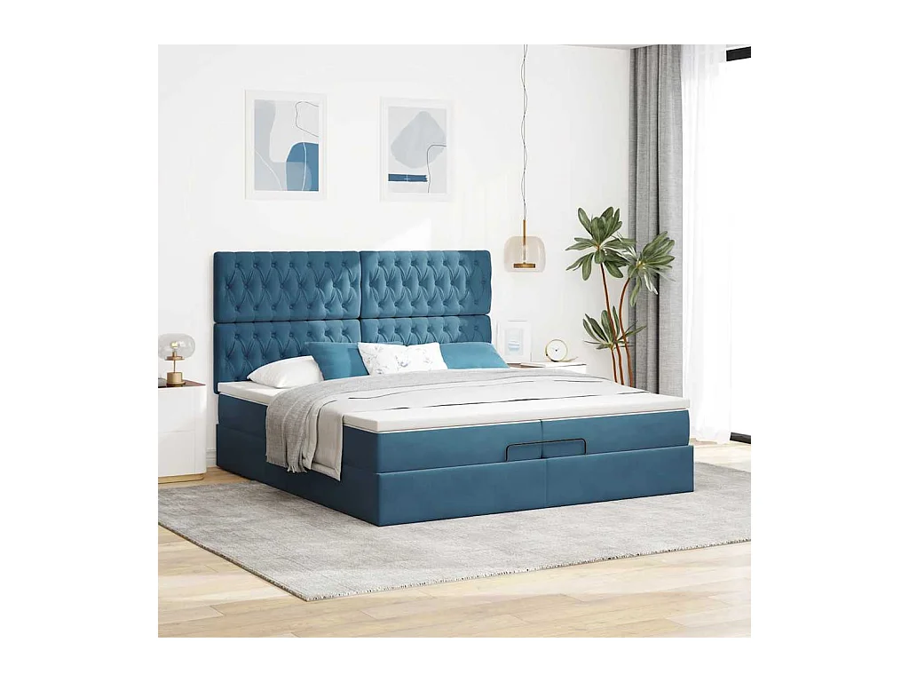 Cadre de lit ottoman avec matelas bleu foncé 200x200 cm velours